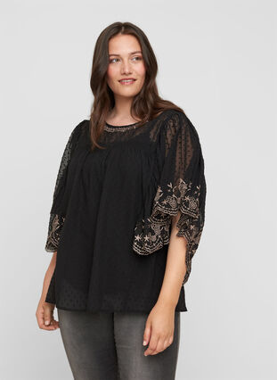 Textured blouse with embroidery, Black, Model image number 0
