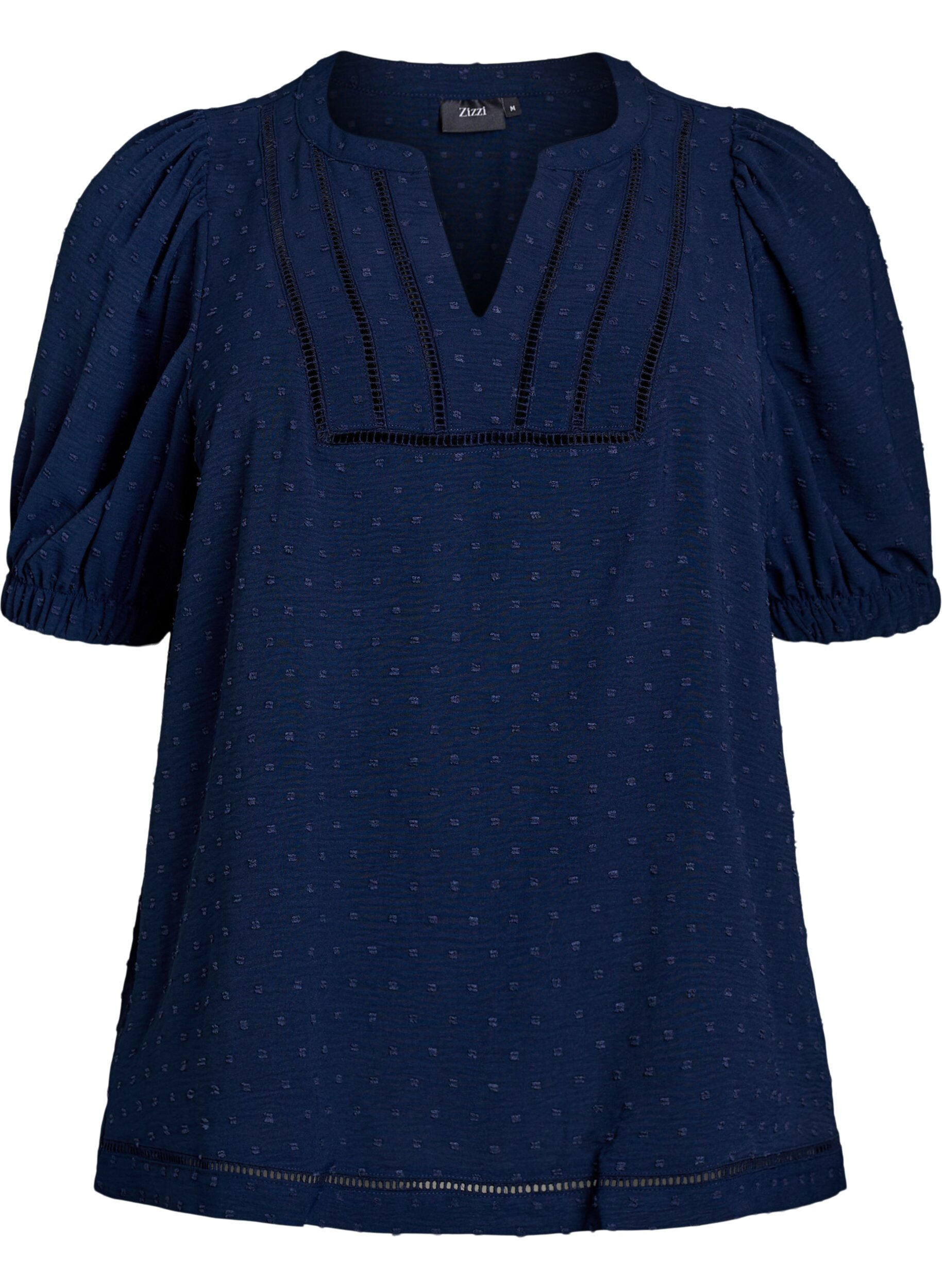 Zizzifashion Blouse with short puff sleeves and dotted texture, Navy Blazer, Packshot image number 0