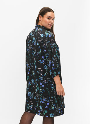 Shirtdress with 3/4 sleeves and floral print, Blue Flower AOP, Model image number 1