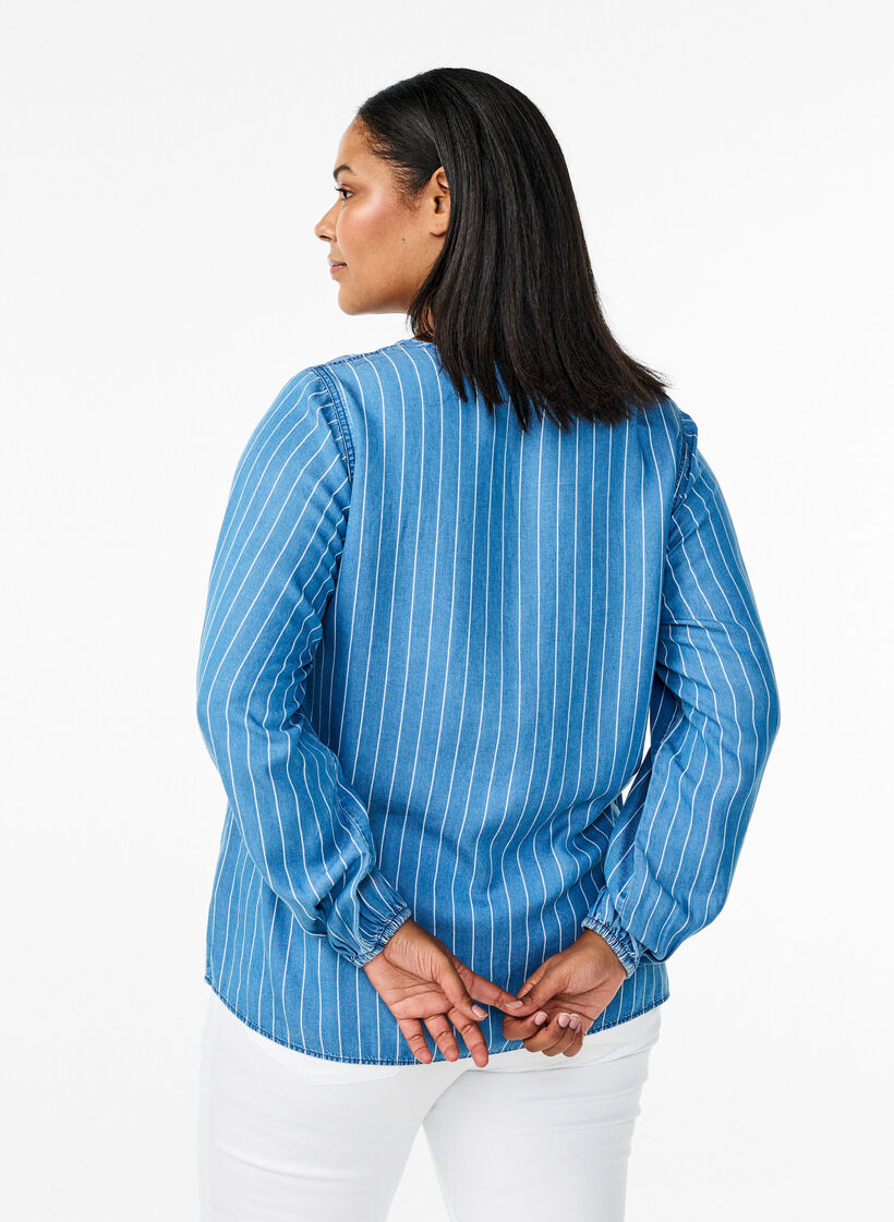Striped denim blouse with long sleeves, Blue, Model image number 2