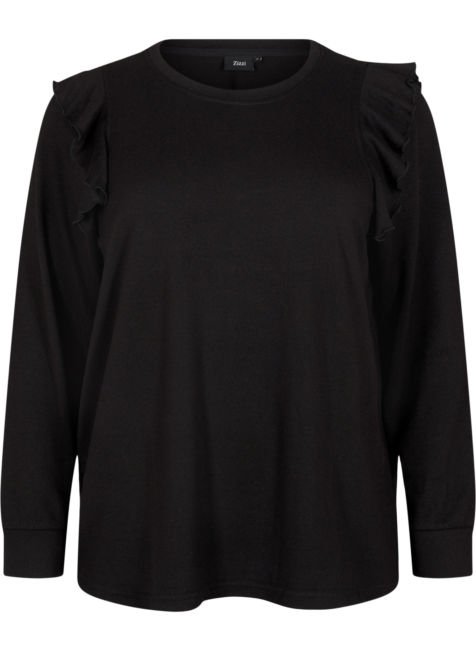 Zizzifashion Long-sleeved blouse with ruffle details, Black, Packshot image number 0