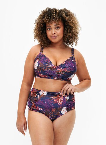 High-waisted striped bikini bottoms, Purple Flower, Model image number 0