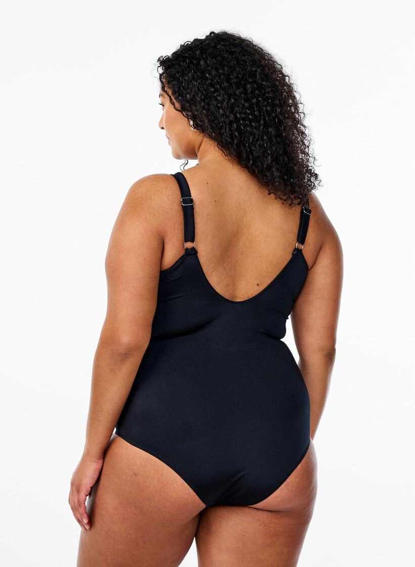 Swimsuit with v-neck and embroidery, Black, Model image number 1