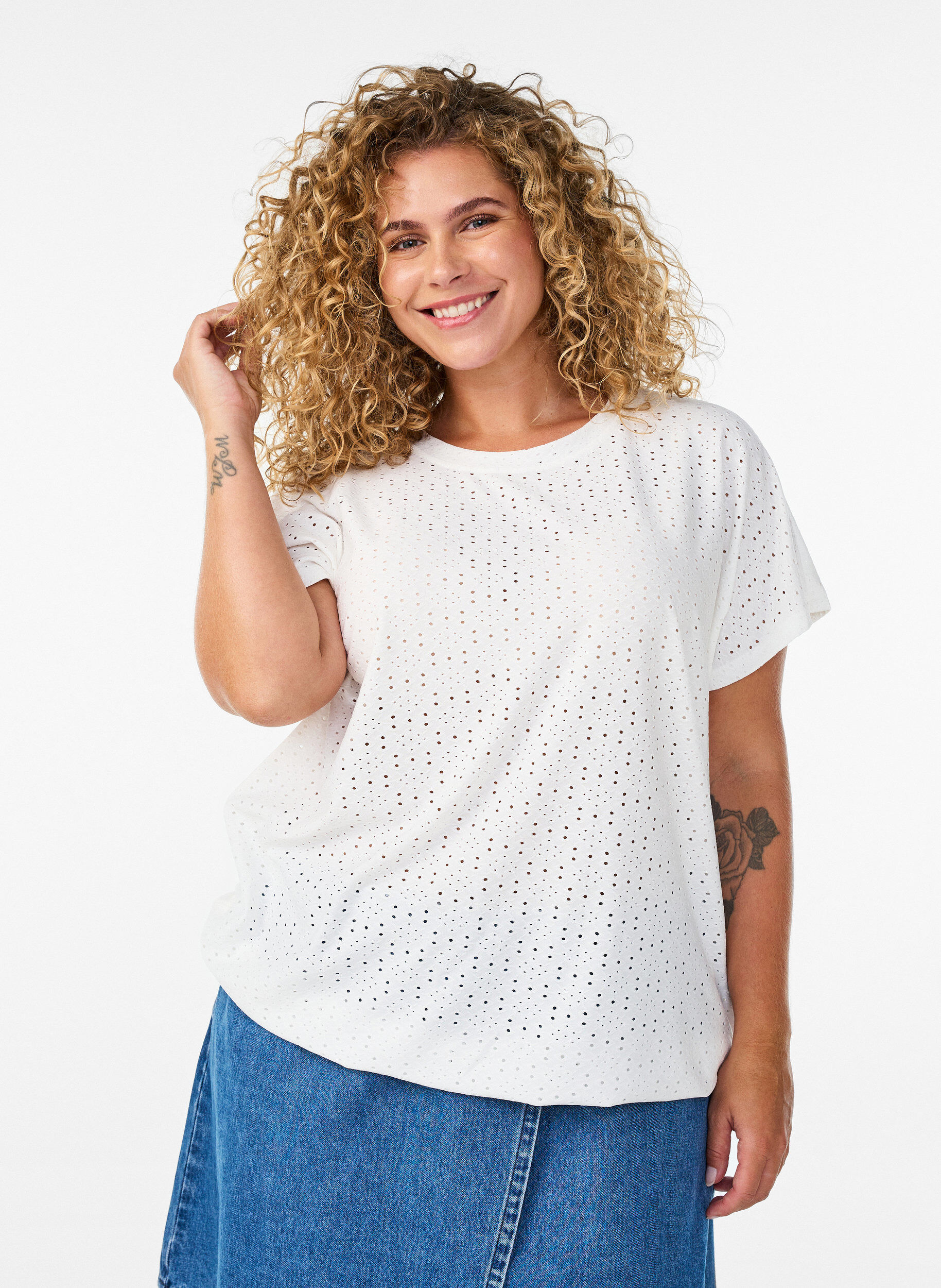 Zizzifashion Blouse with eyelet embroidery and balloon-effect, White, Model image number 0