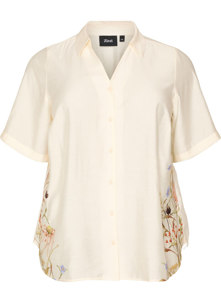 Shirt blouse with elbow-length sleeves and floral details, Beige, Packshot image number 0