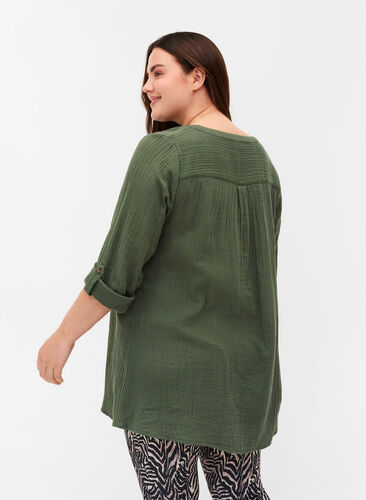 Cotton tunic with 3/4-length sleeves, Thyme, Model image number 1