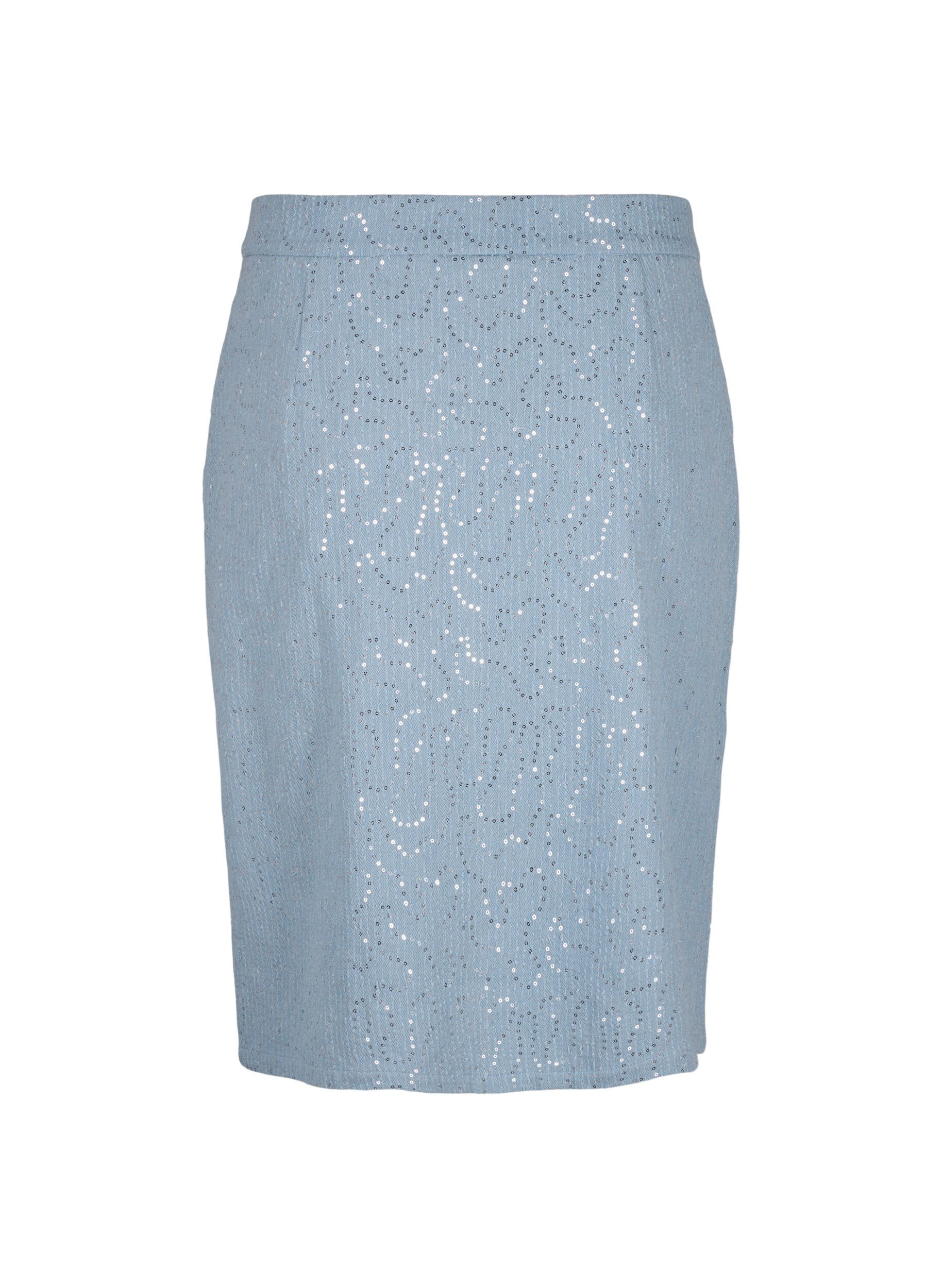 Zizzifashion Denim skirt with slit and sequins, Light Blue Denim, Packshot image number 1