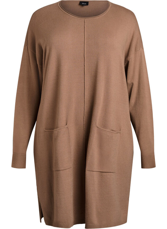 Short knit dress with centre seam and pockets, Brown, Packshot image number 0