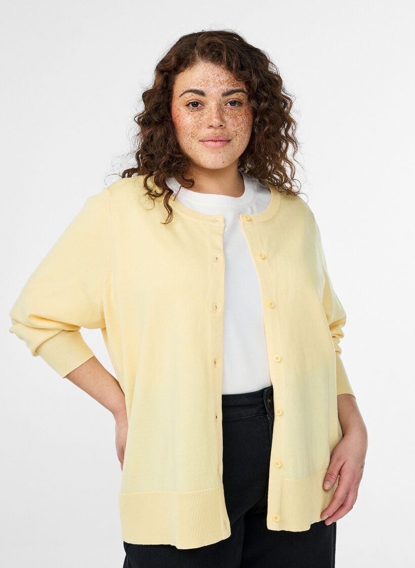 Fine-knit cardigan with round neck, Yellow, Model image number 0