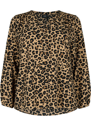 Long-sleeved blouse in leopard print and v-neck, Leopard, Packshot image number 0