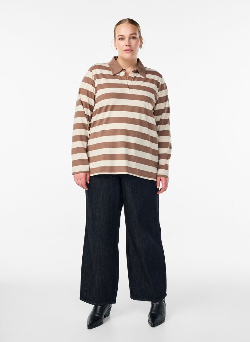Long-sleeved polo shirt with wide stripes, Brown, Model image number 1