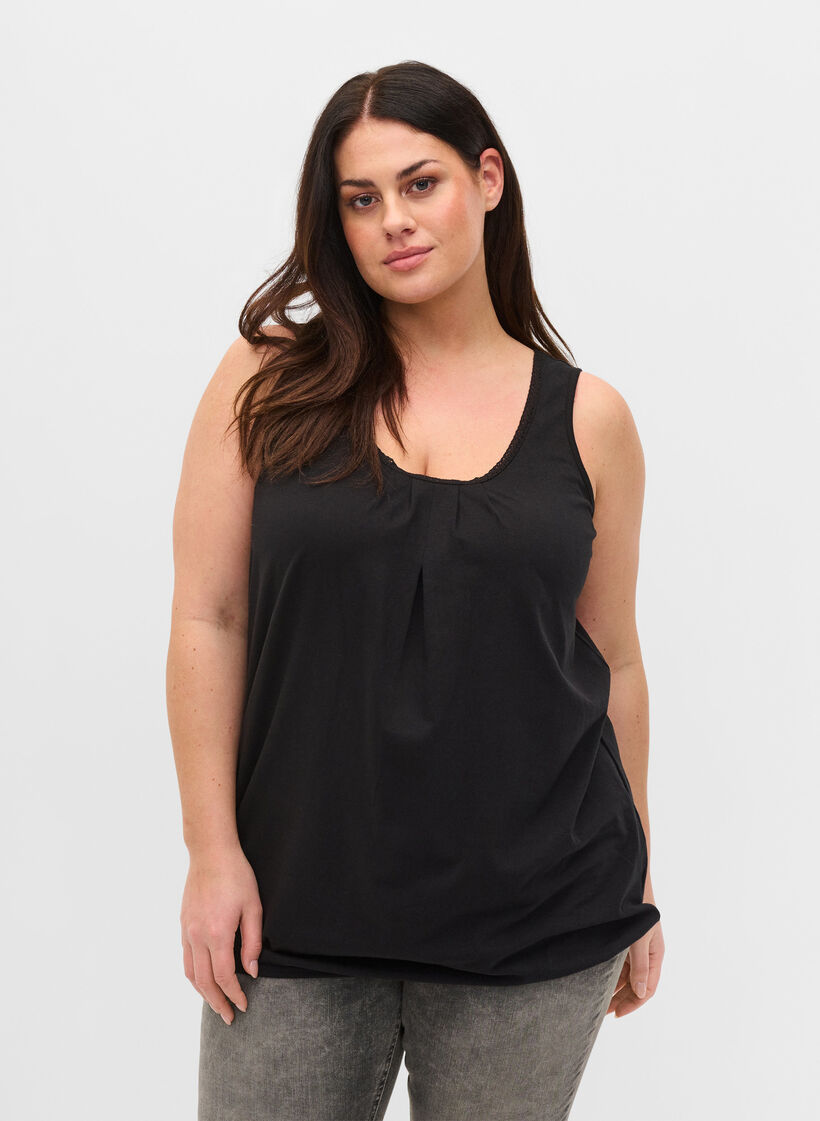 Cotton top with rounded neckline and lace trim, Black, Model image number 0
