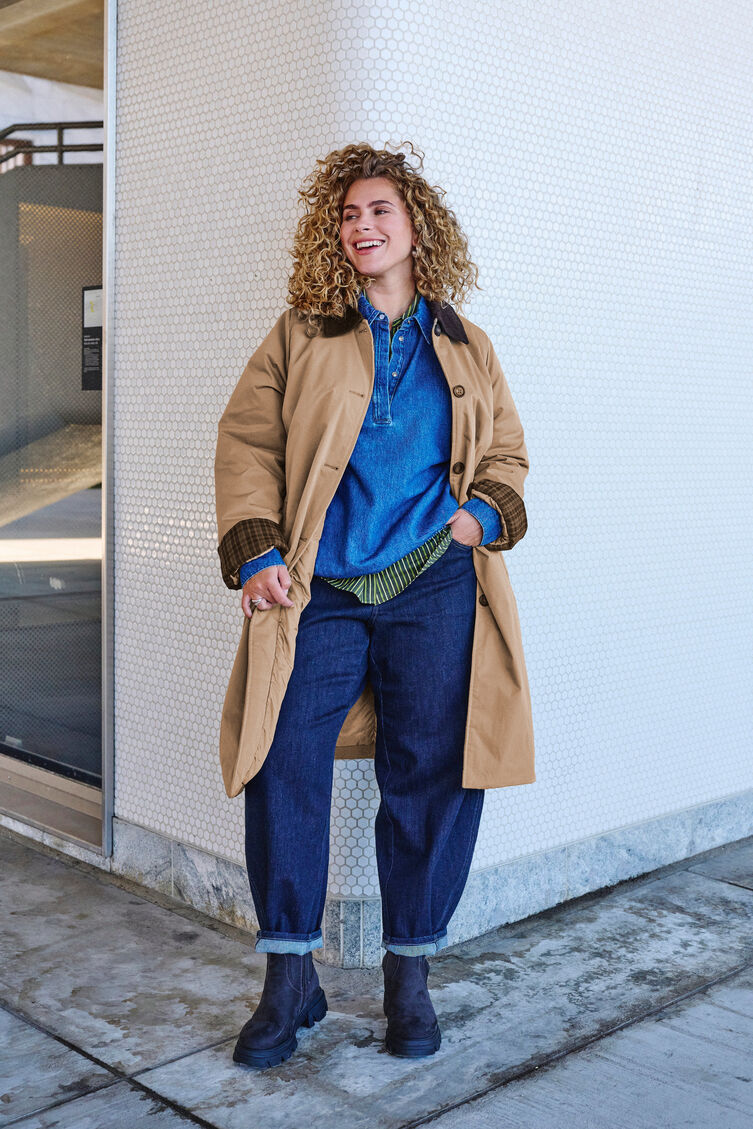 Mid-length jacket with corduroy collar, Beige, Image