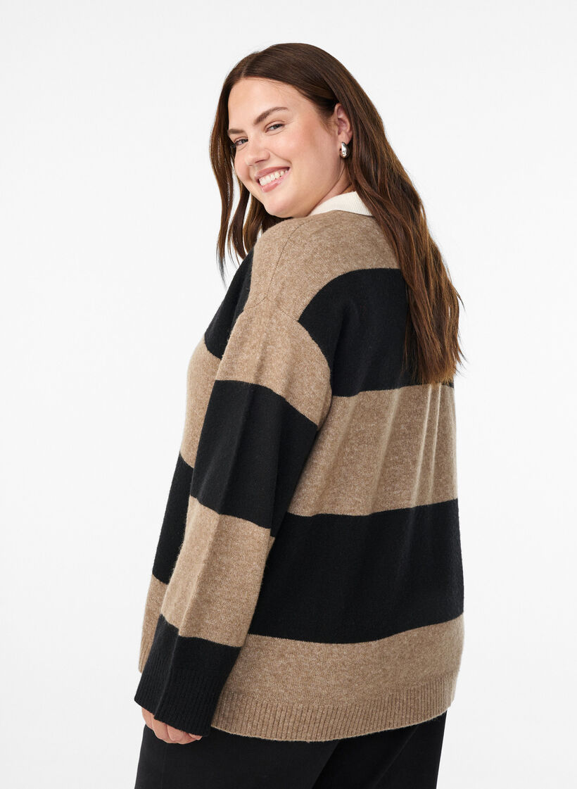 Knit blouse with collar and V-neckline, Black, Model image number 2