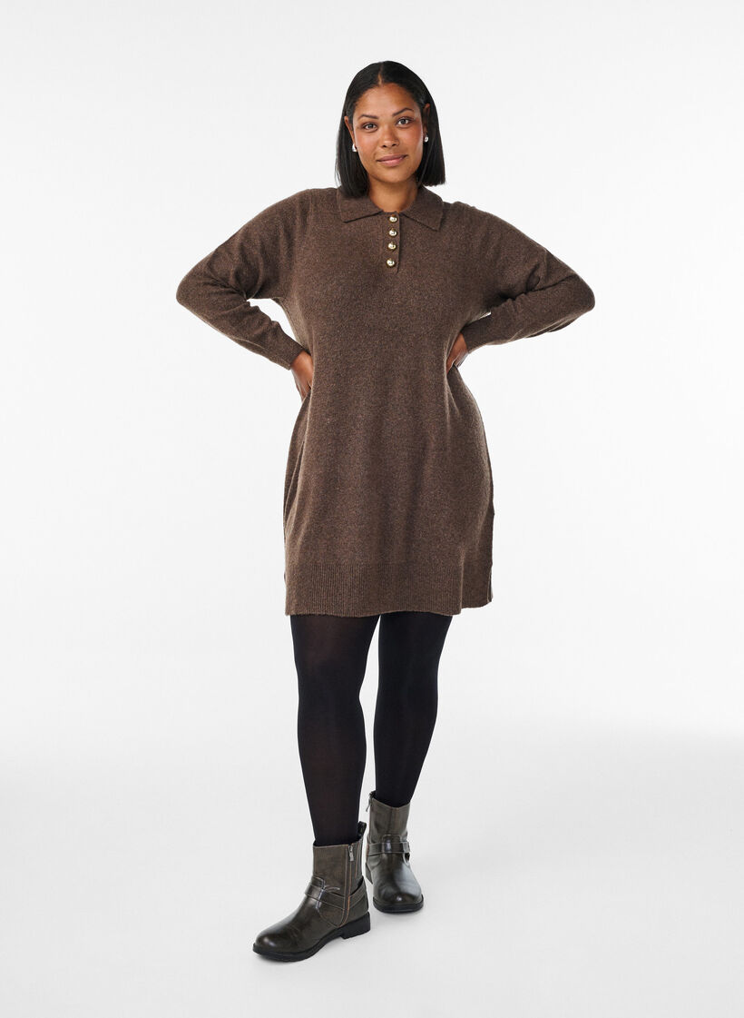 Short knit dress with polo collar and buttons, Brown, Model image number 1