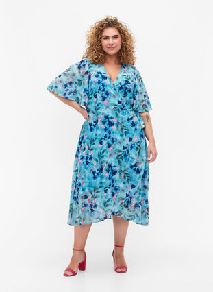 Short-sleeved wrap dress with floral print, Trellis AOP, Model image number 2