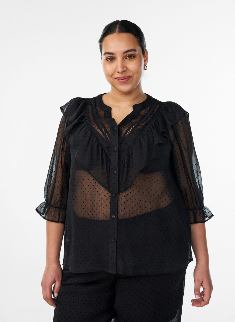 Sheer shirt blouse with dots and ruffle details, Black, Model image number 0