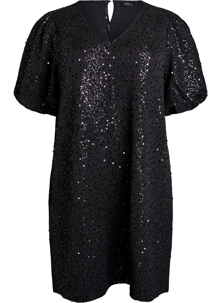 Short sequin dress with puff sleeves, Black, Packshot image number 0
