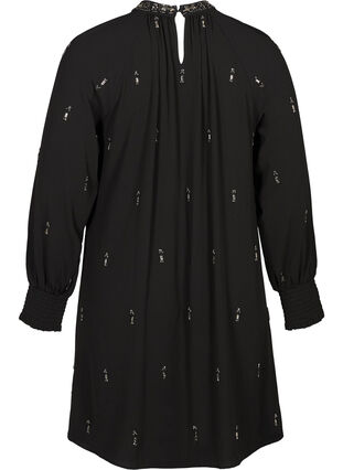 Long-sleeved dress with pearls and smocking, Black, Packshot image number 1