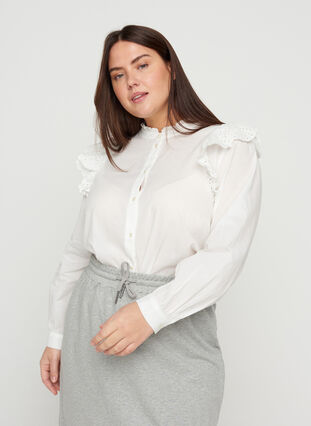 Cotton shirt with broderie anglaise, Bright White, Model image number 0