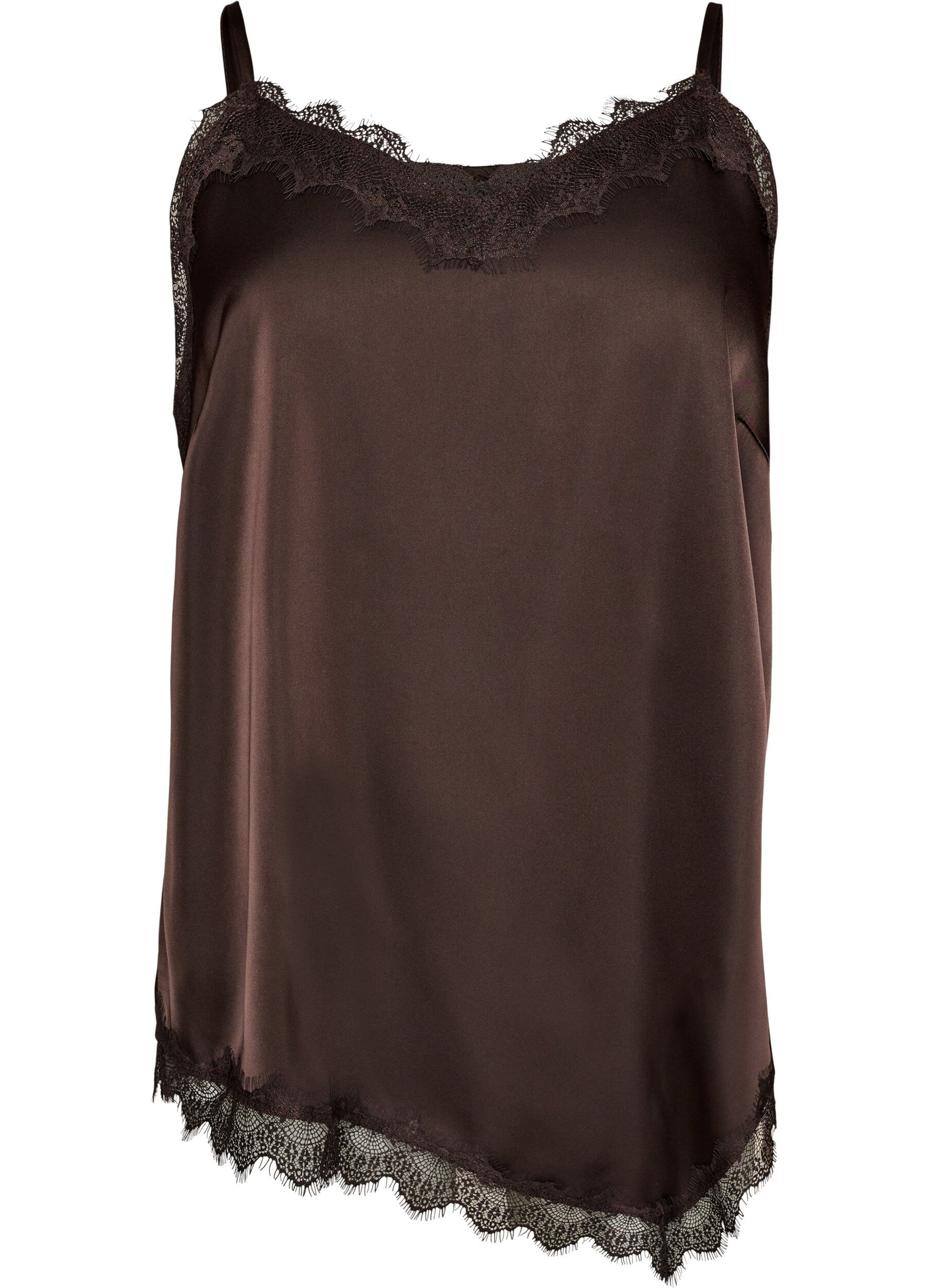 Satin top with lace trim and asymmetric hem
