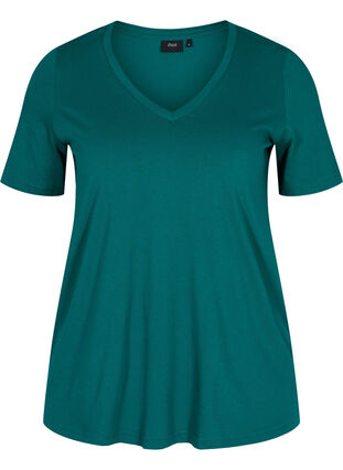 Organic cotton T-shirt with V-neckline, Teal Green, Packshot image number 0
