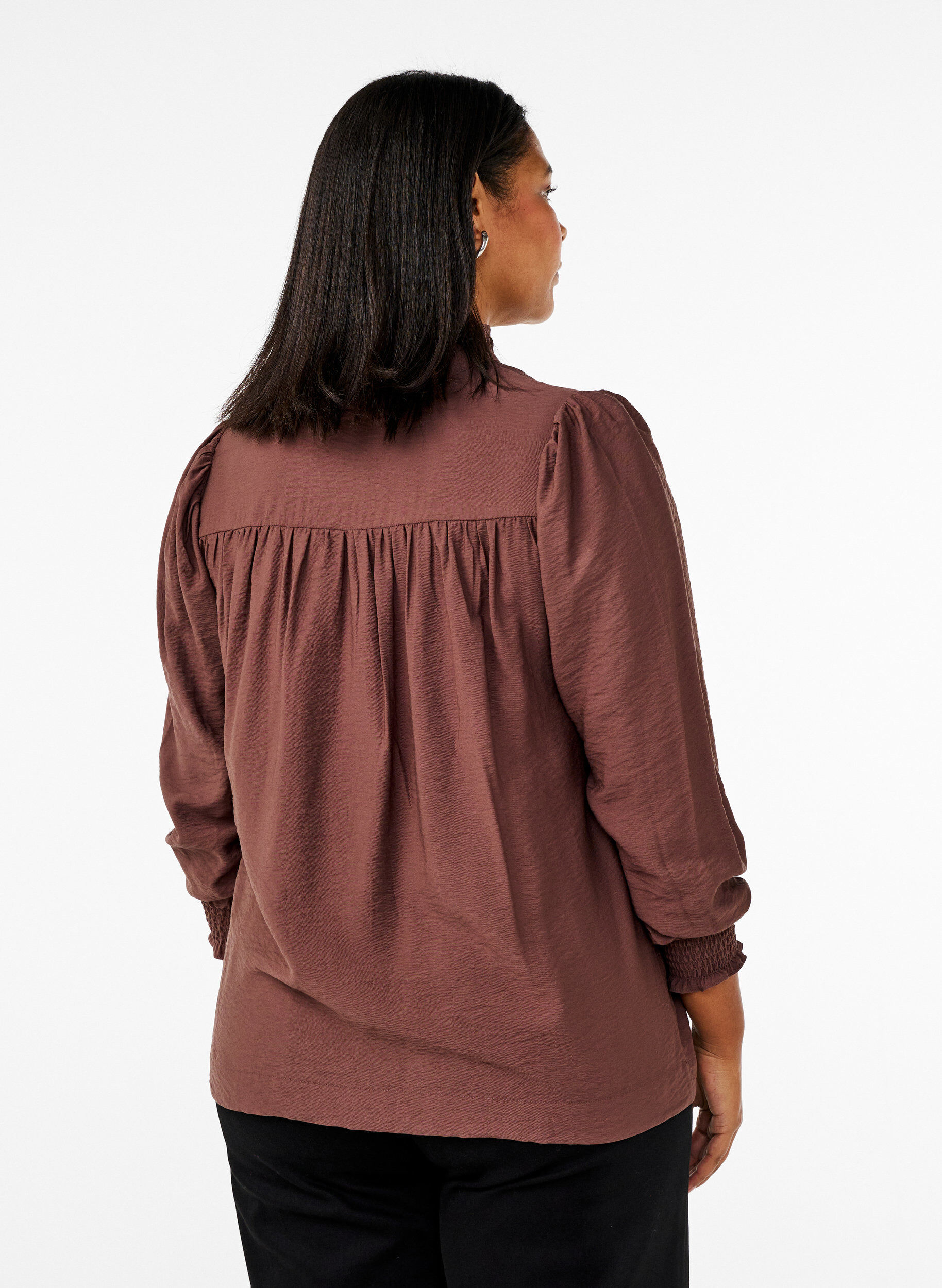 Zizzifashion Blouse with ruffle collar, Brown, Model image number 2