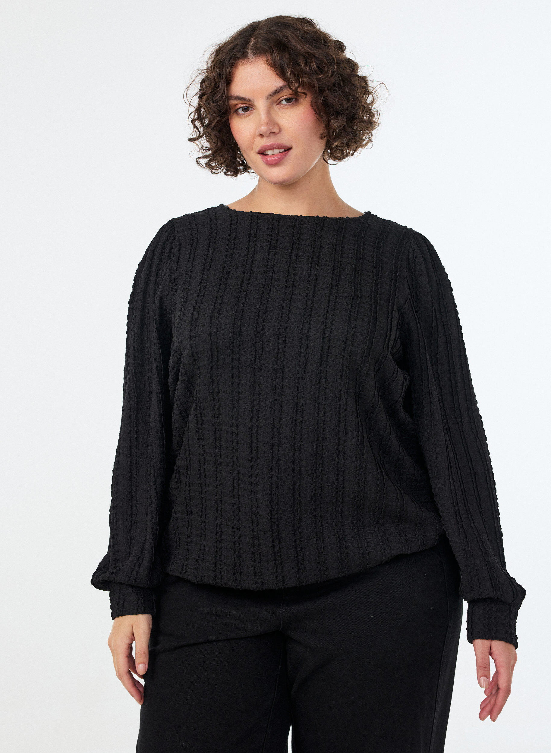 ZizzifashionTextured jersey blouse with a balloon silhouette, Black, Model image number 0