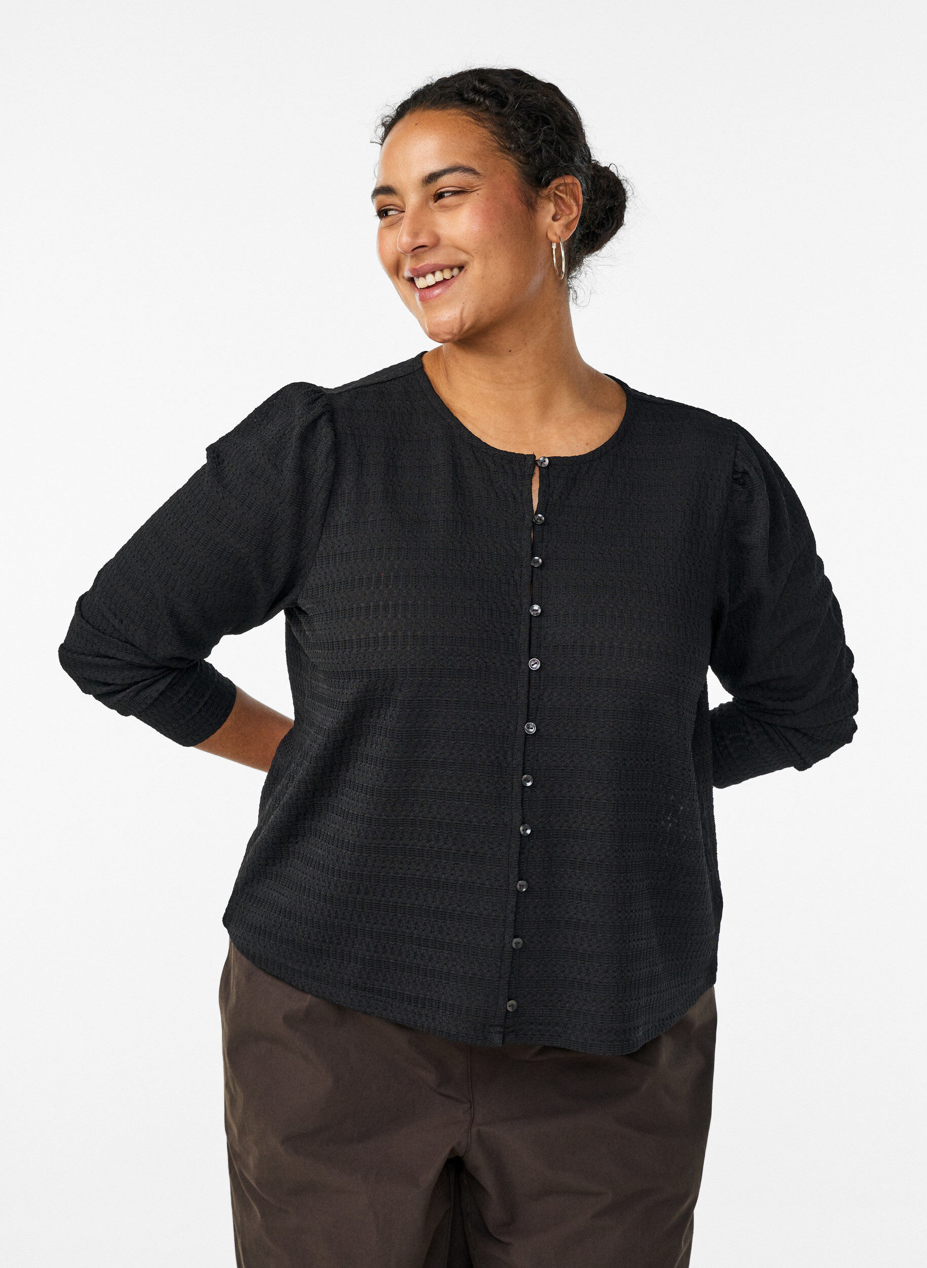 Blouse with textured pattern and button fastening, Black, Model