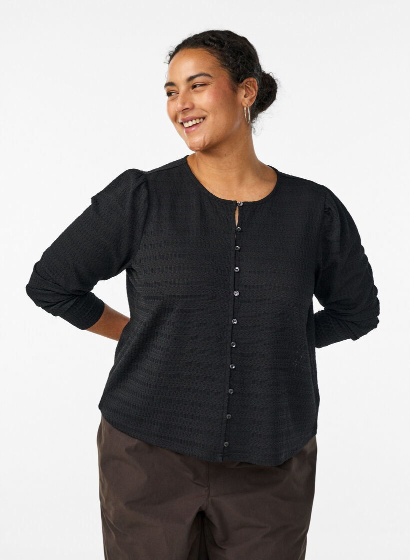 Blouse with textured pattern and button fastening, Black, Model image number 0