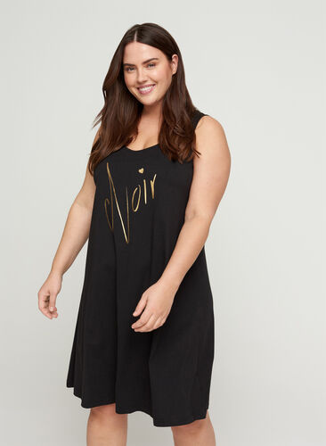 Sleeveless cotton dress in A-line, Black NOIR, Model image number 0