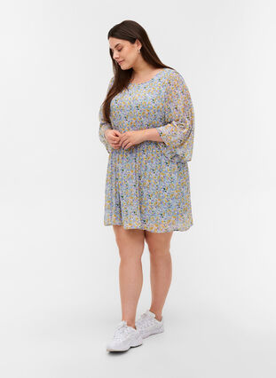 Pleated tunic with floral print and 3/4 sleeves, Purple Yellow AOP, Model image number 2