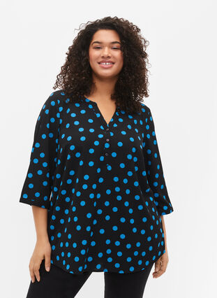 Dotted blouse with 3/4 sleeves, Black Blue Dot, Model image number 0