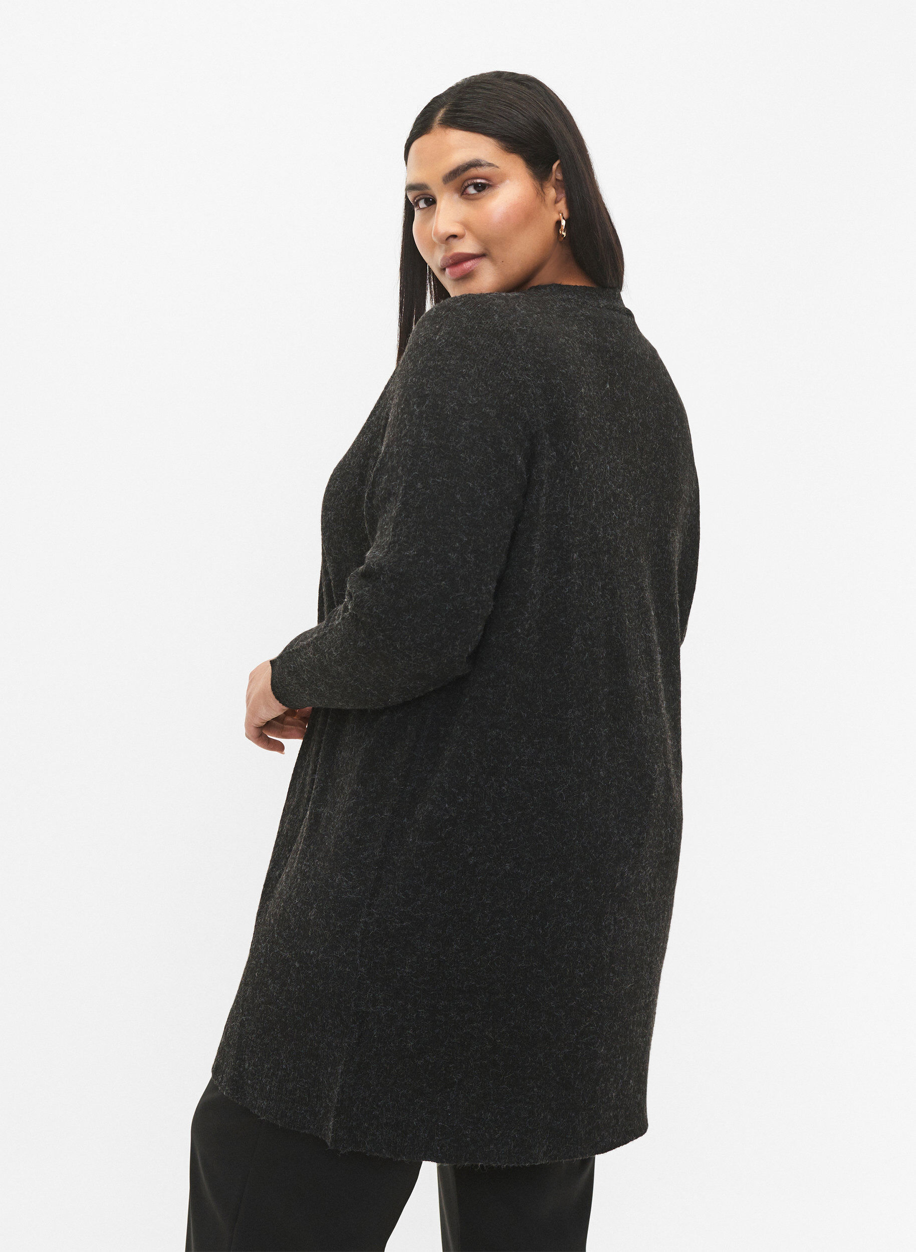 Zizzifashion Long open front cardigan, Dark Grey Melange, Model image number 1