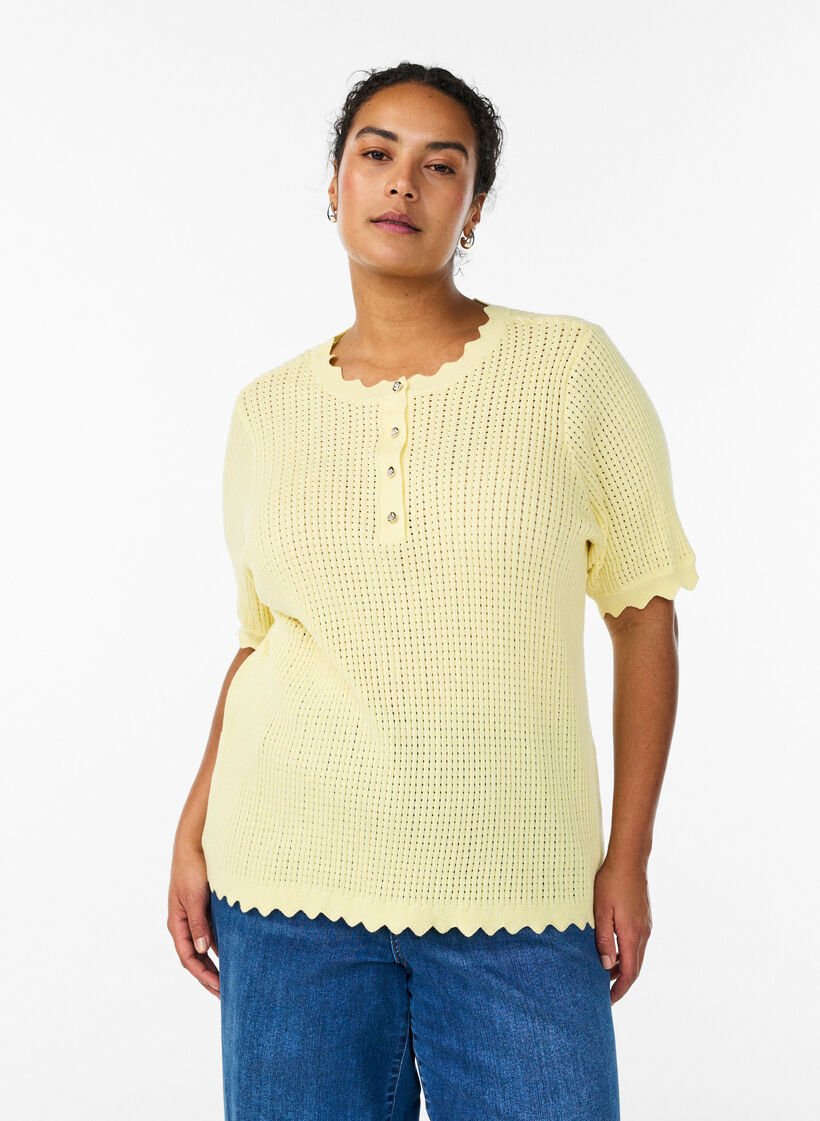 Short-sleeved knit blouse with openwork pattern and wavy edges, Yellow, Model image number 0