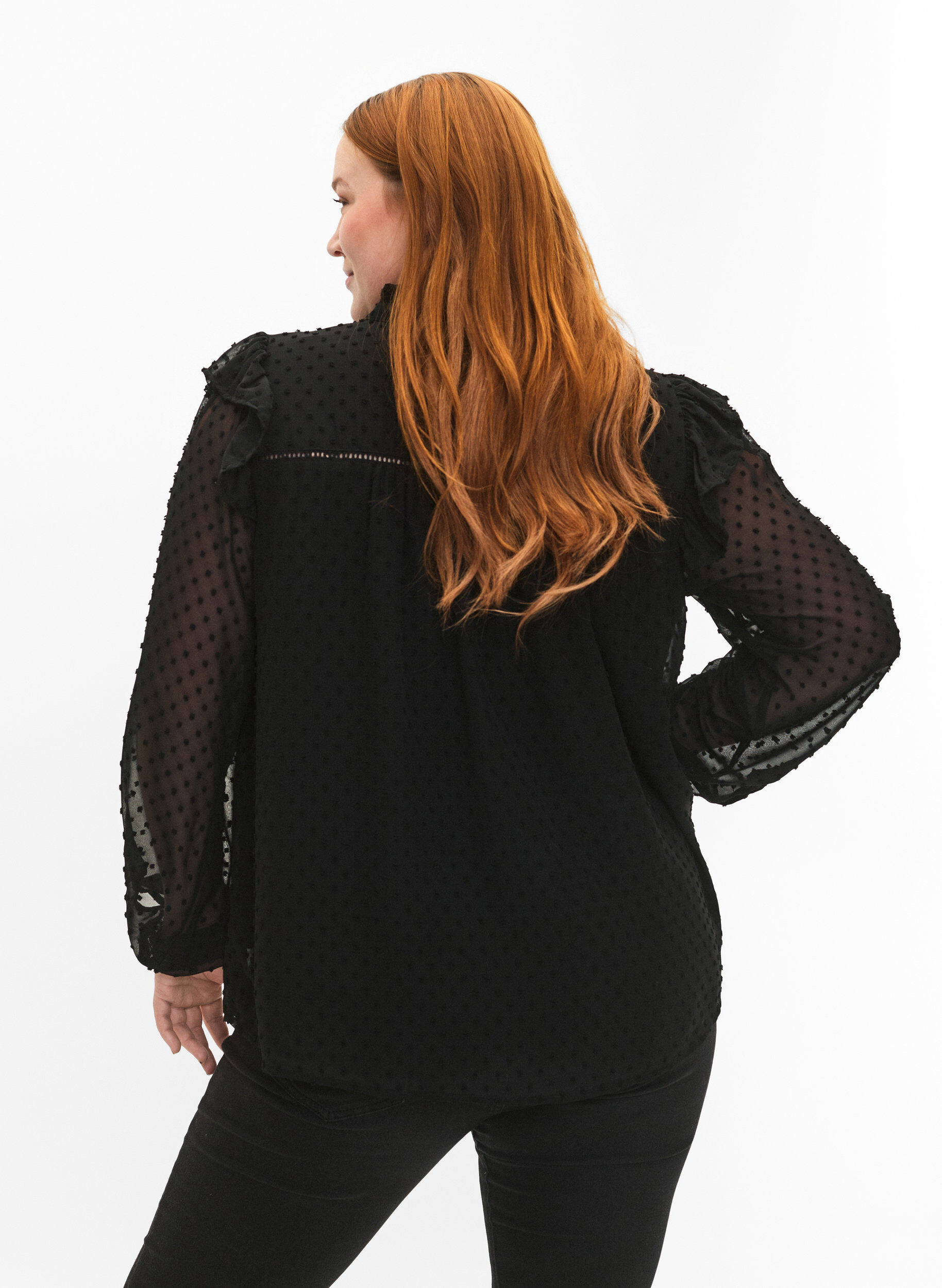 Zizzifashion Shirt blouse with ruffles and dotted texture, Black, Model image number 1