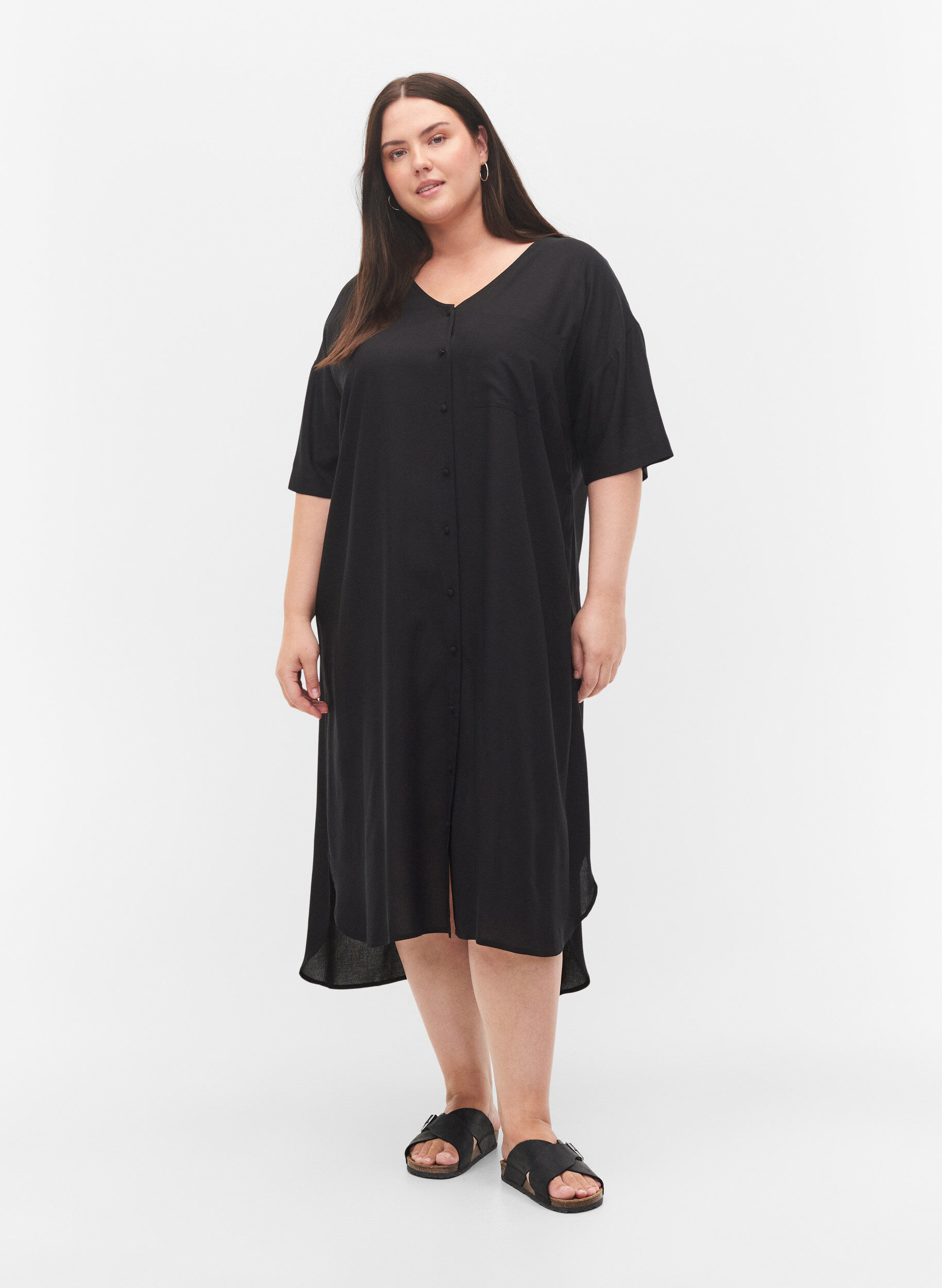 Zizzifashion Short-sleeved viscose shirt dress, Black, Model image number 2