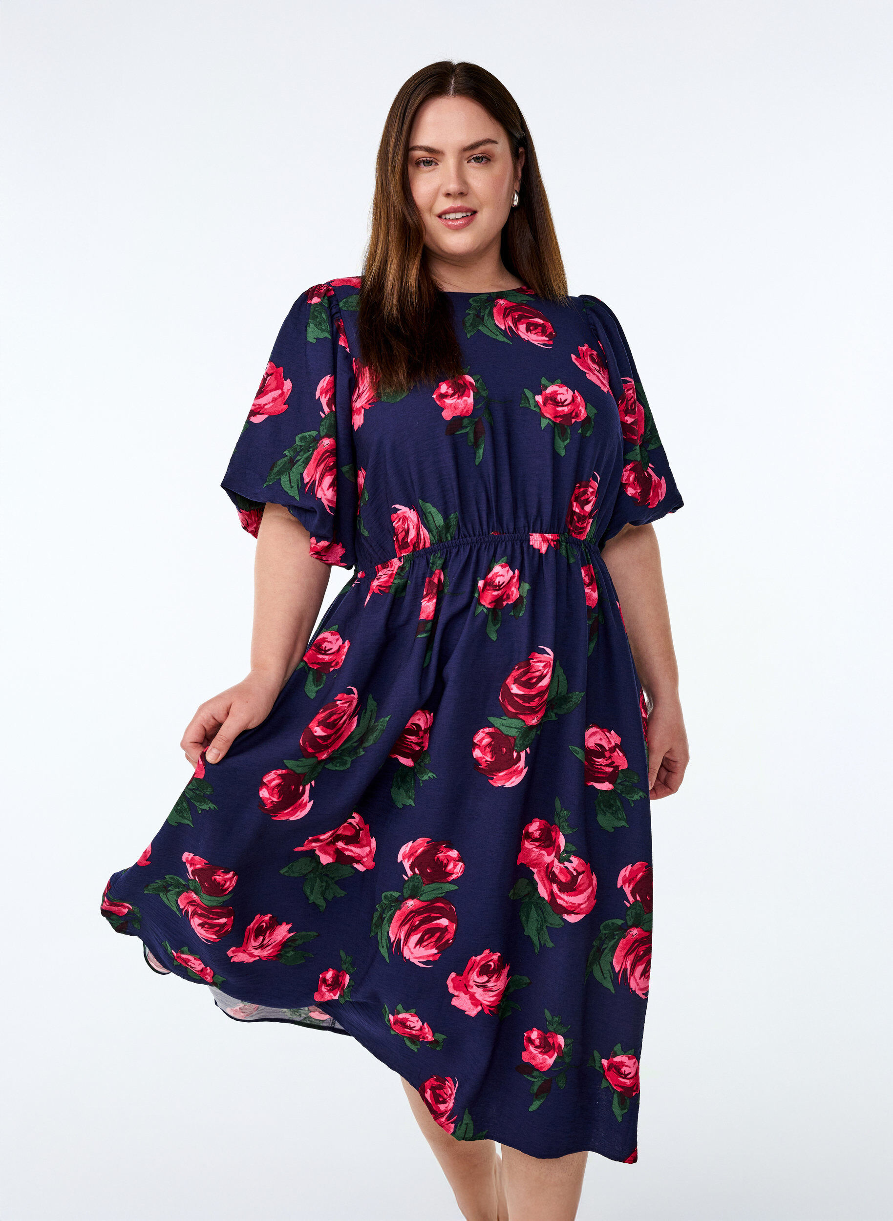 Zizzifashion Midi dress with rose print and short balloon sleeves, Blue, Model image number 0