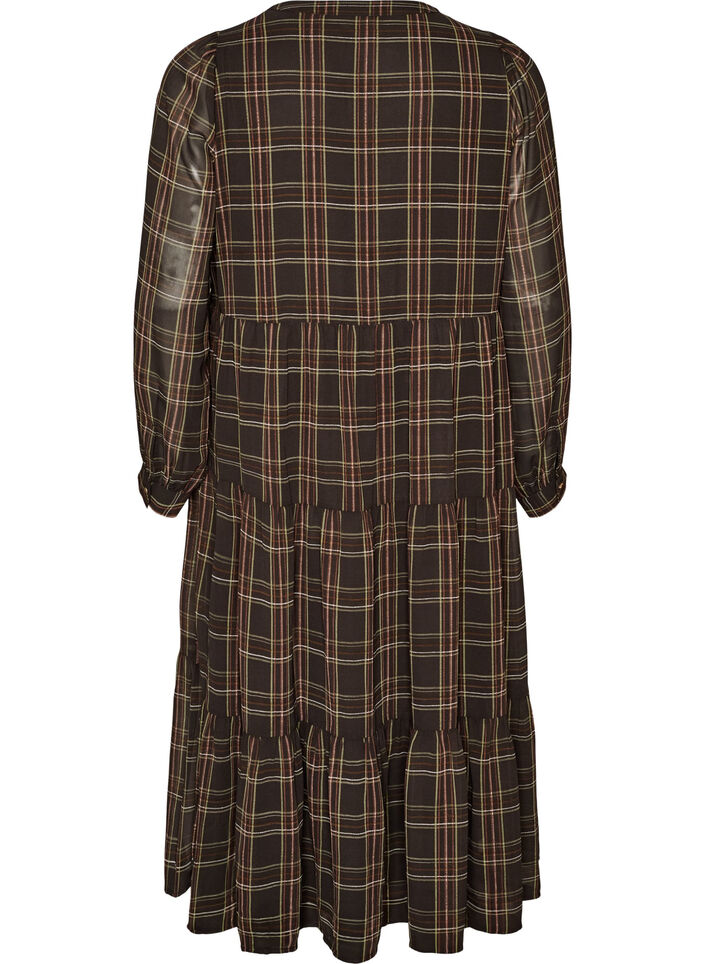 Checked midi dress with a tiered skirt, Brown, Packshot