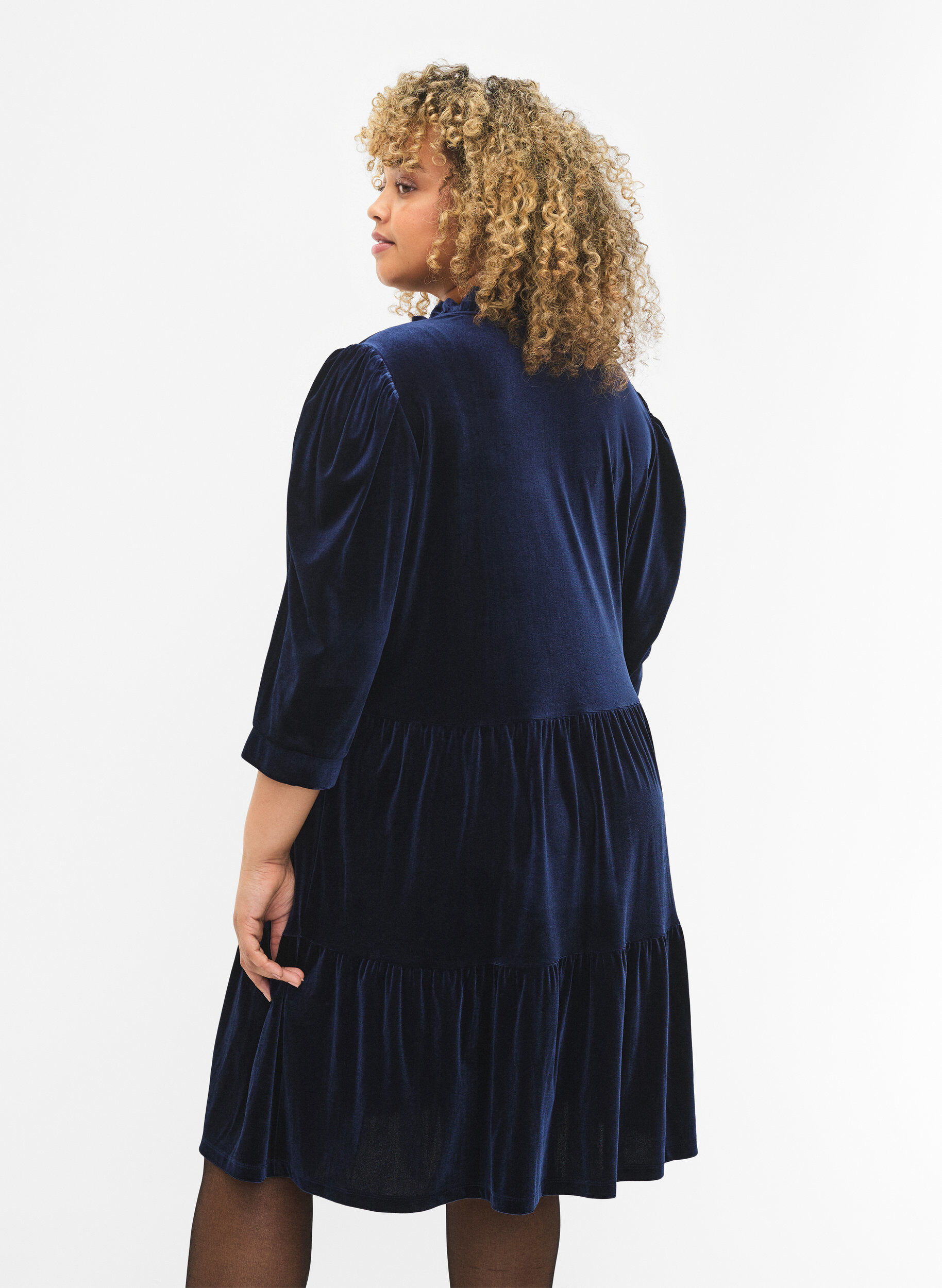 Zizzifashion Velour dress with ruffle collar and 3/4 sleeves, Navy Blazer, Model image number 1