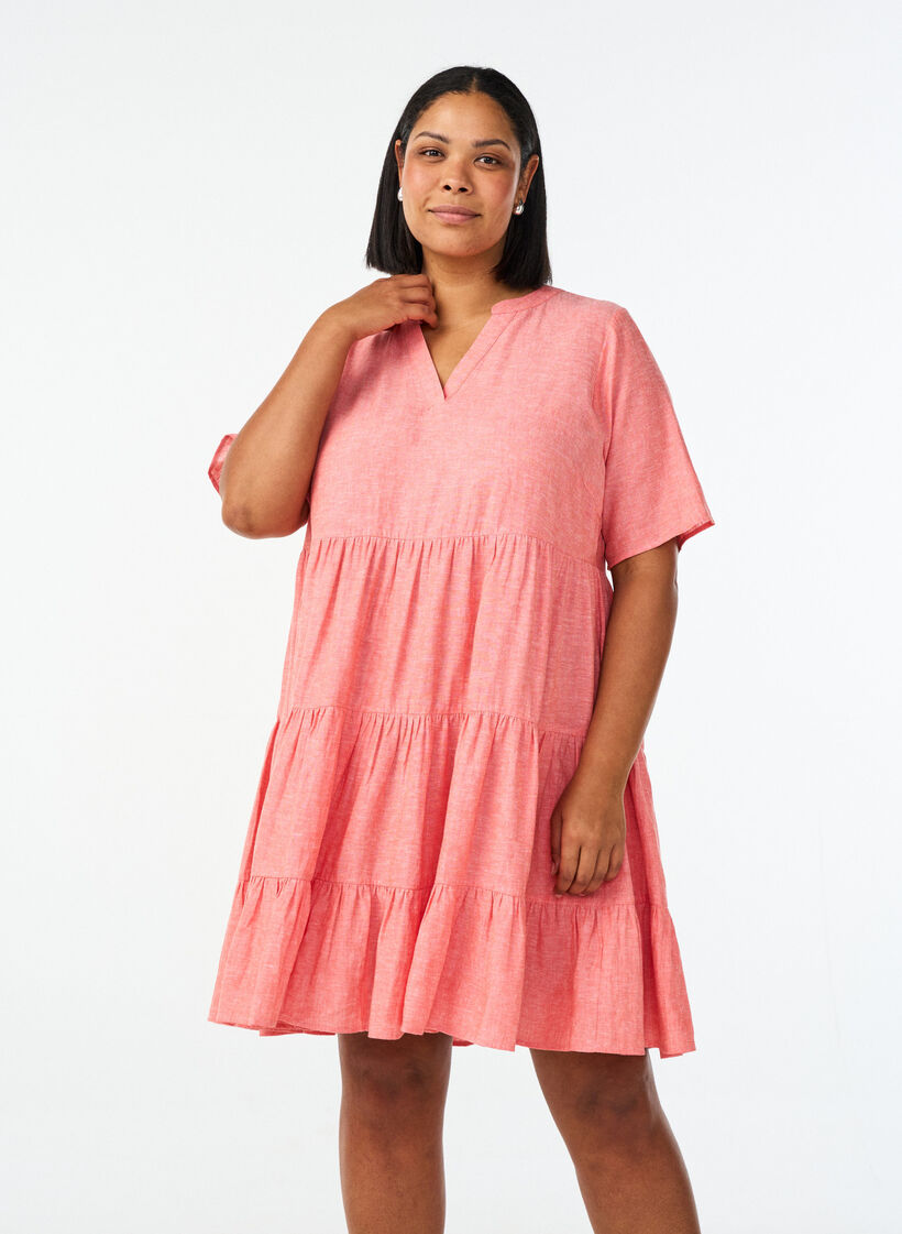 Knee-length A-line dress in linen and viscose, Coral, Model image number 0