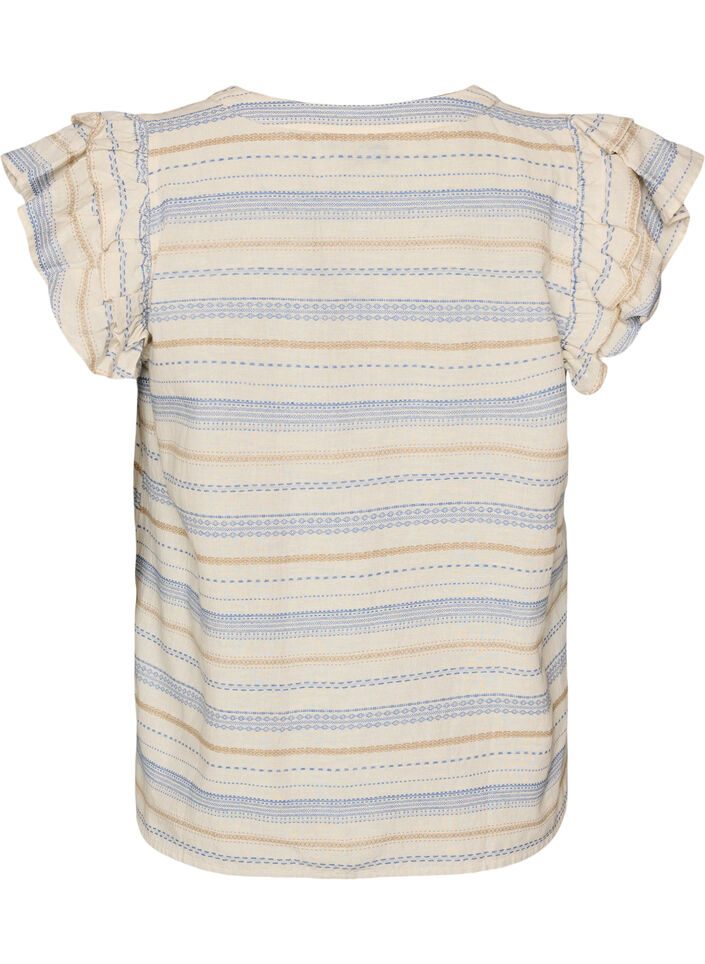 Sleeveless blouse with ruffles and patterned stripes, Vanilla, Packshot image number 1