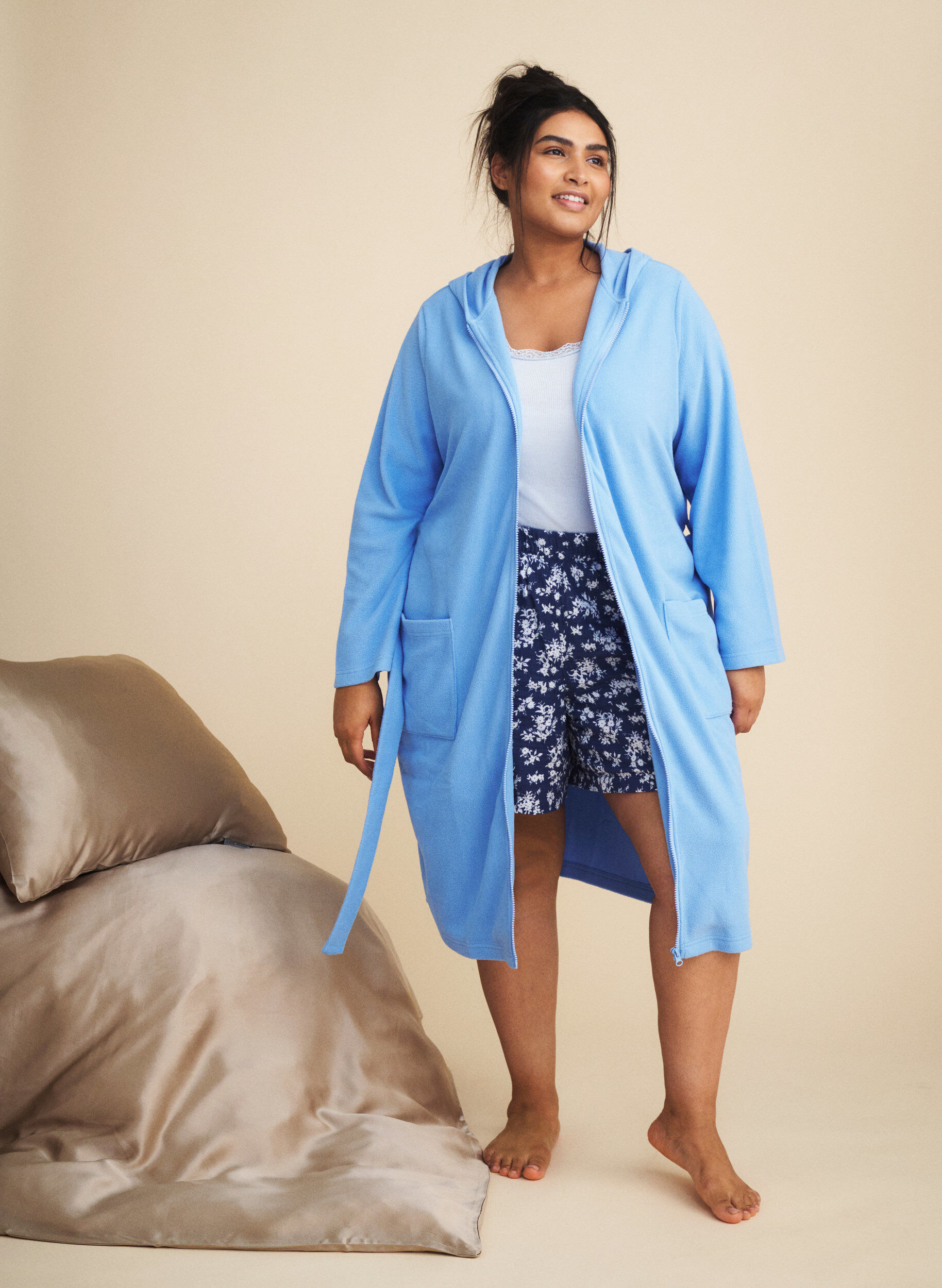 Zizzifashion Morning robe with zipper and hood, Light Blue, Image image number 0