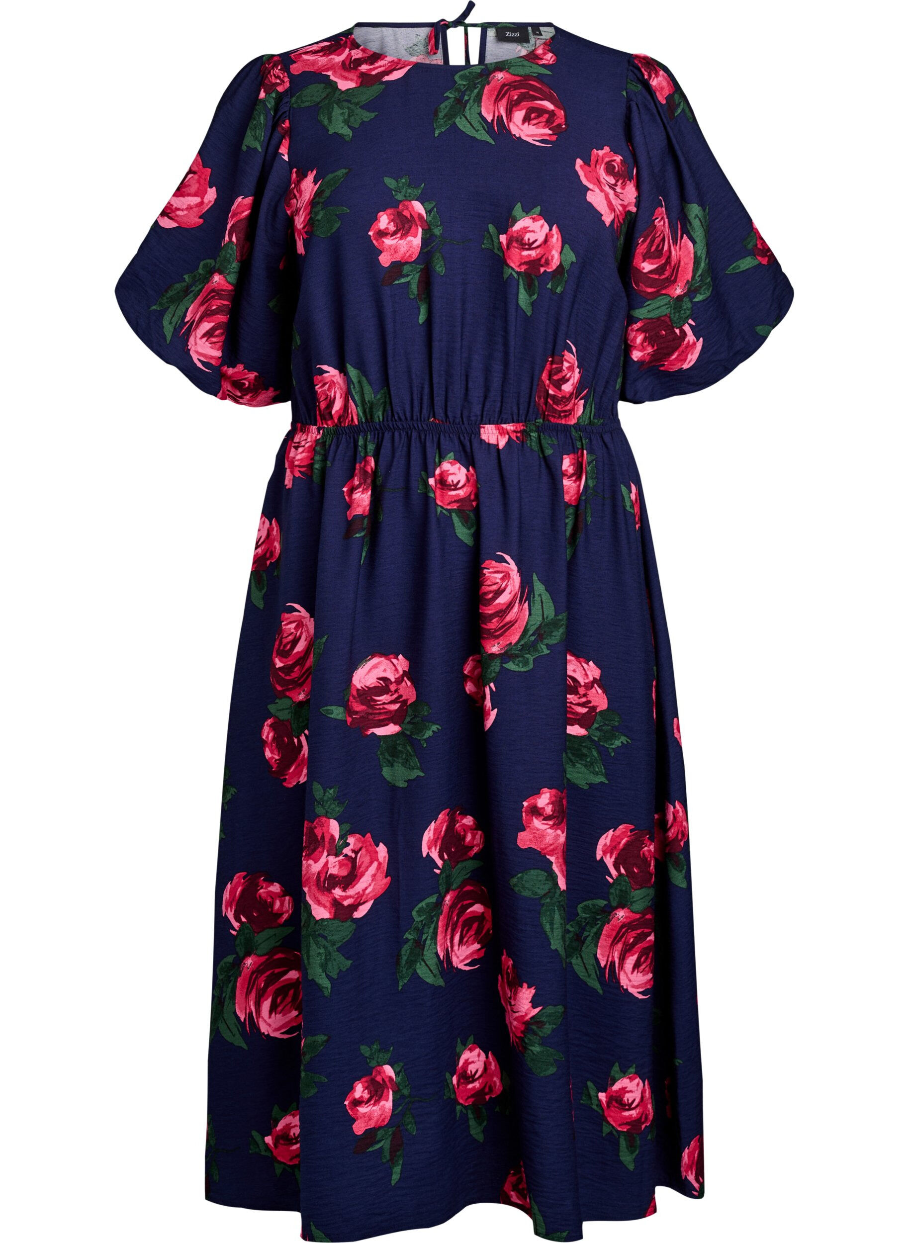 Zizzifashion Midi dress with rose print and short balloon sleeves, Blue, Packshot image number 0