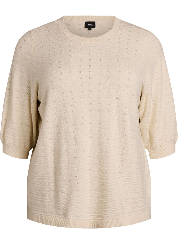 Knitted blouse with textured pattern and short sleeves, Beige, Packshot image number 0