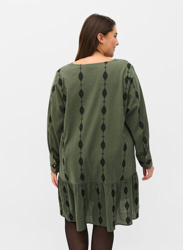 Patterned cotton dress with v-neck and long sleeves, Thyme, Model image number 1