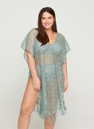 Short-sleeved beach dress with lace, Chinois Green, Model image number 0