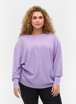 Knitted blouse with long sleeves and ribbed trim, Purple Rose, Model image number 0