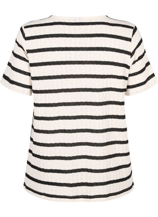 Short sleeve blouse with contrast-colored stripes, Sand Black Stripe, Packshot image number 1