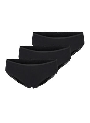 Cotton knickers 3-pack with lace trim, Black, Packshot image number 0